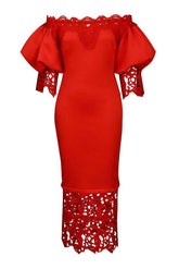 Vestido de cóctel rojo midi con hombros descubiertos